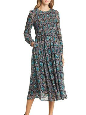 Paisley Smocked Long Sleeve Midi Dress